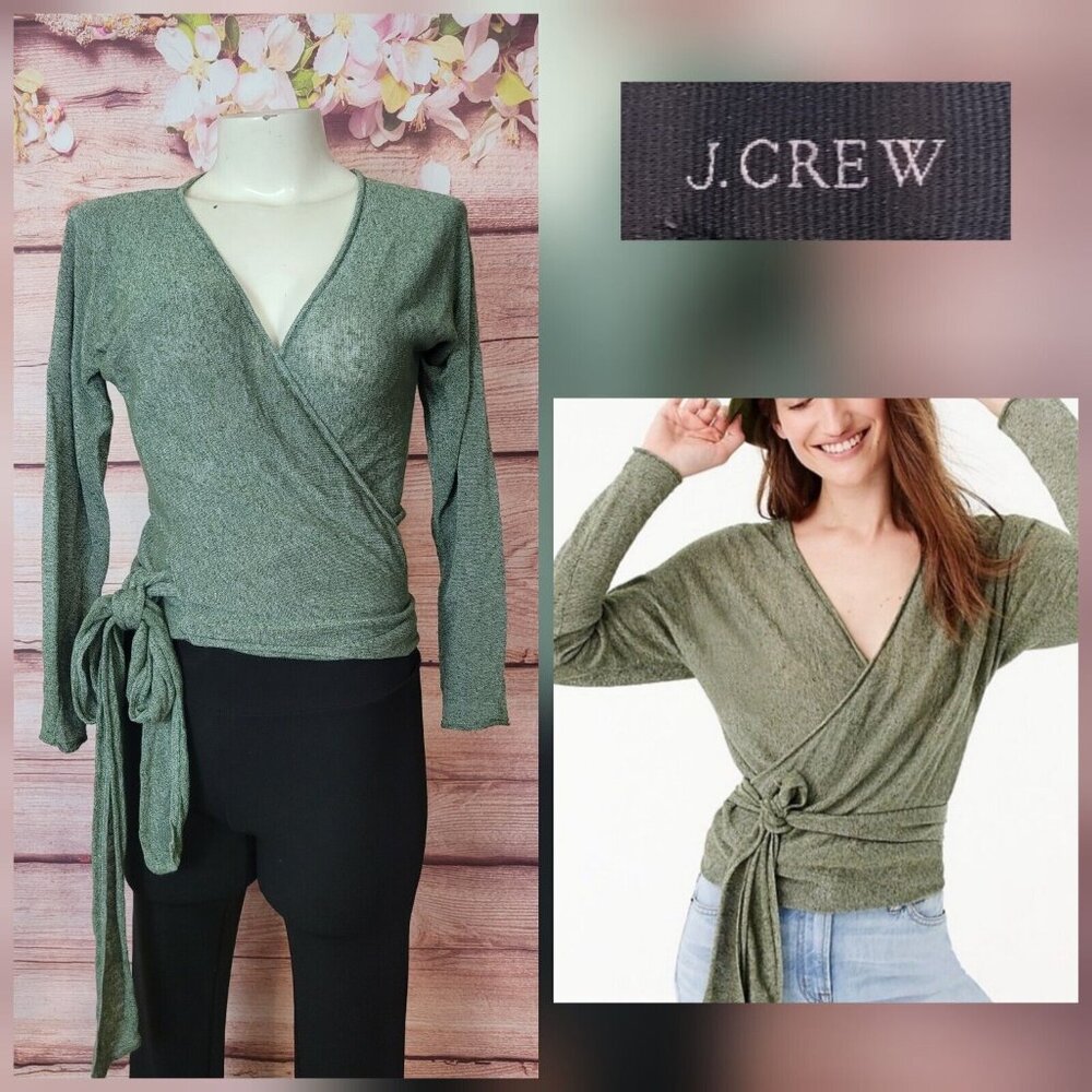 J Crew Women Green Linen Viscose Wrapped V-Neck Sweater Size XXS